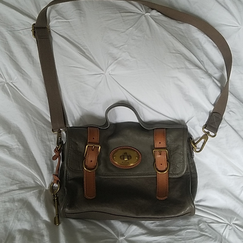 Fossil gray and tan cross body- brass hardware